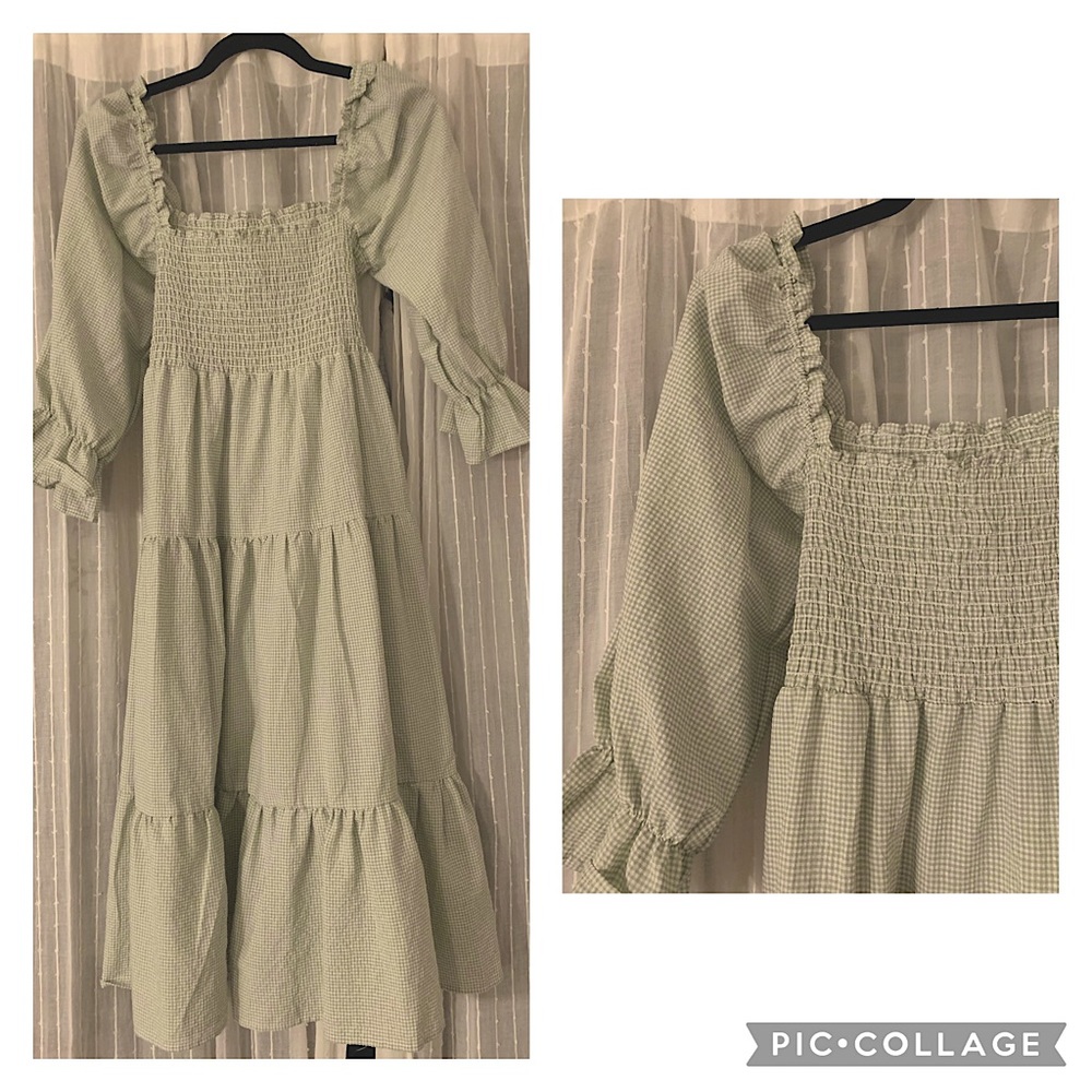 Gingham Smocked Long Sleeve Dress in Green